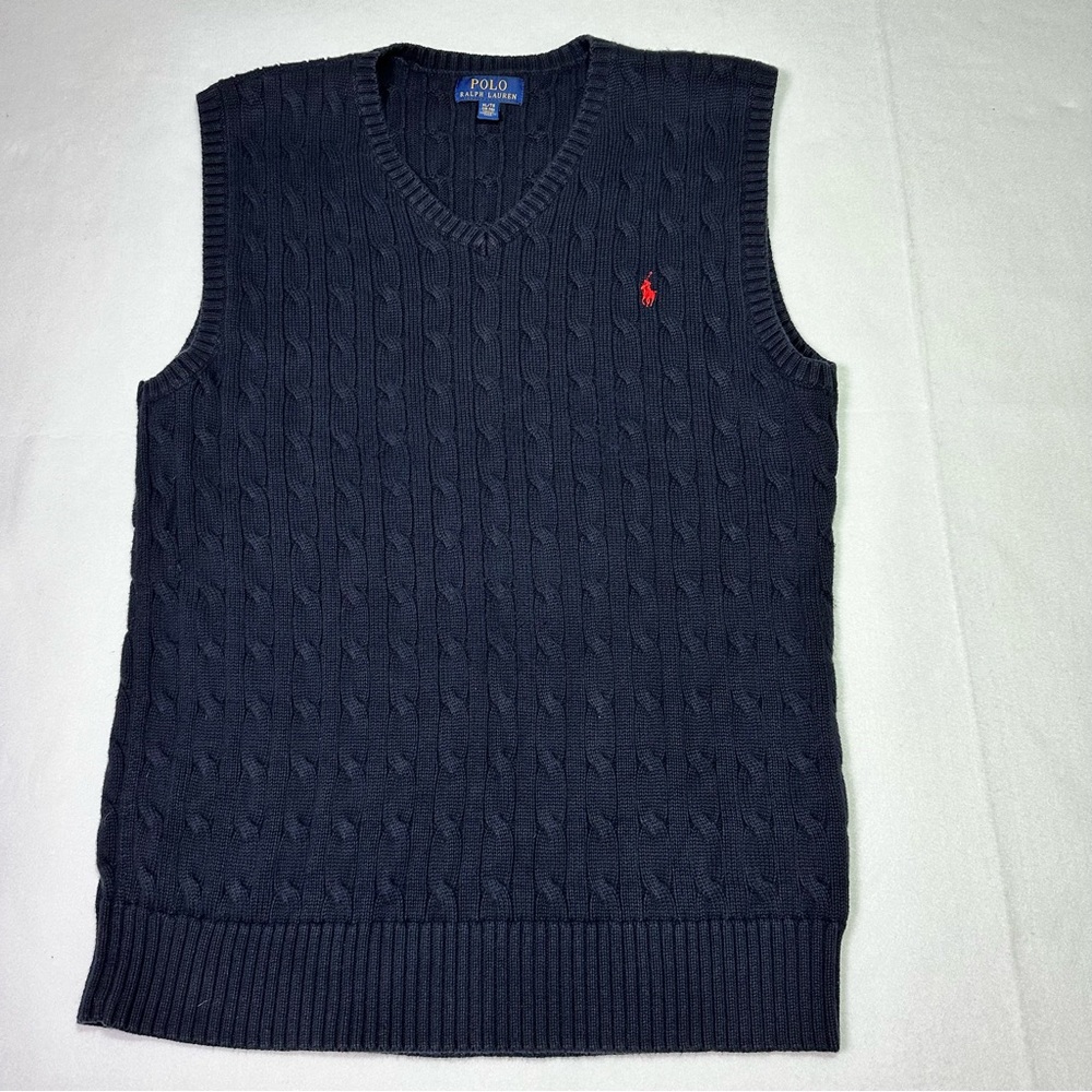 Ralph Lauren Polo Sweater Vest Boys XL (18/20) Navy Blue Cable Knit Pullover